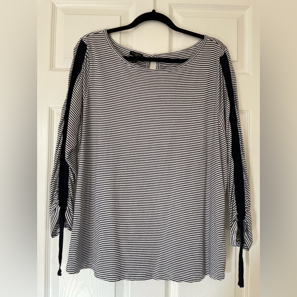 EUC Talbots Black White Stripe Top Ruched Sleeve Knit